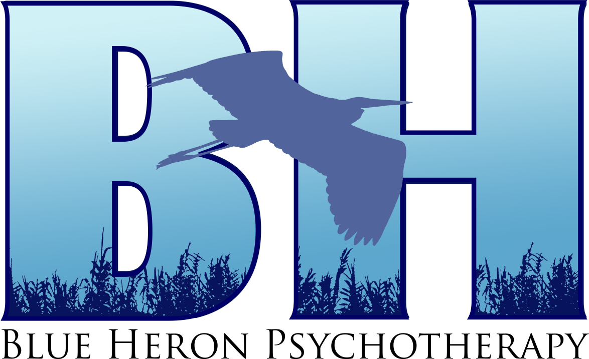 A bold B and H stylized to look like wetland with the title Blue Heron Psychotherapy below.